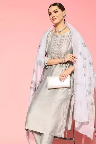Floral Embroidered Regular Beads and Stones Kurta with Trousers & Dupatta