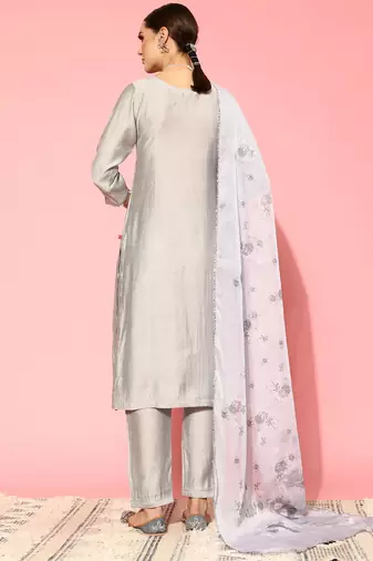 Floral Embroidered Regular Beads and Stones Kurta with Trousers & Dupatta