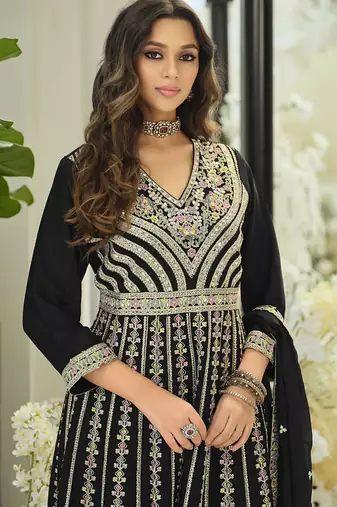 Chinon embroidered black readymade salwar kameez