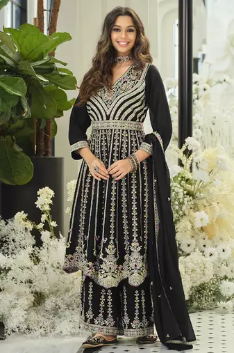 Chinon embroidered black readymade salwar kameez