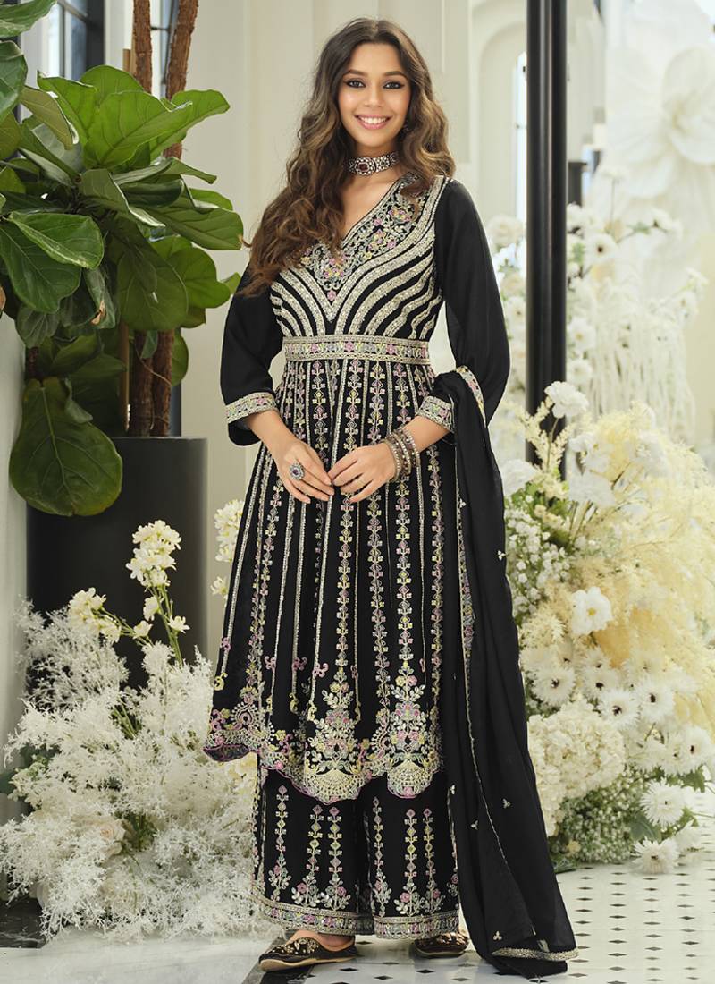 Chinon embroidered black readymade salwar kameez