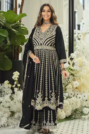 Chinon embroidered black readymade salwar kameez