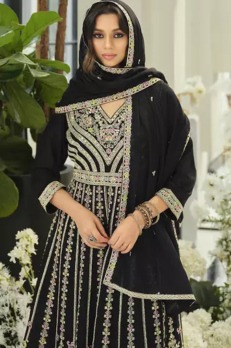 Chinon embroidered black readymade salwar kameez