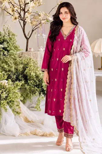 Women deep wine embroidered straight kurta with pant & dupatta set