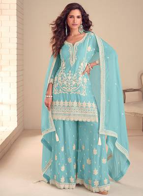 Faux chinon readymade embroidered salwar suit in sky blue colour 1