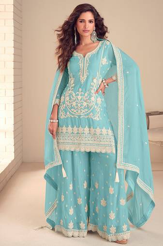 Faux chinon readymade embroidered salwar suit in sky blue colour