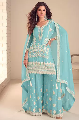 Faux chinon readymade embroidered salwar suit in sky blue colour