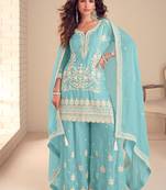 Faux chinon readymade embroidered salwar suit in sky blue colour