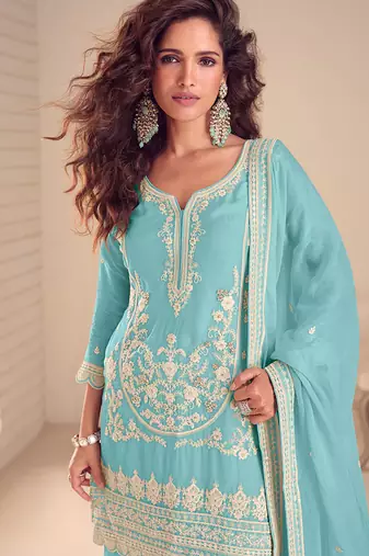 Faux chinon readymade embroidered salwar suit in sky blue colour