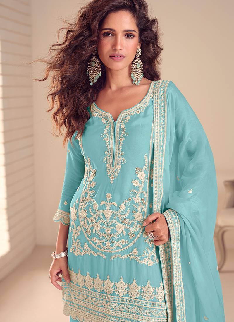 Faux chinon readymade embroidered salwar suit in sky blue colour