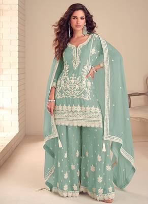 Faux chinon readymade embroidered salwar suit in sea green colour 1