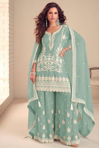 Faux chinon readymade embroidered salwar suit in sea green colour