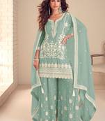 Faux chinon readymade embroidered salwar suit in sea green colour
