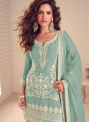 Faux chinon readymade embroidered salwar suit in sea green colour 2