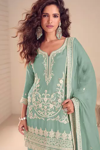 Faux chinon readymade embroidered salwar suit in sea green colour