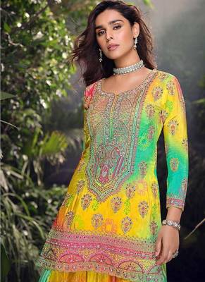 Yellow embroidered chinon silk haldi wear readymade palazzo suit 2