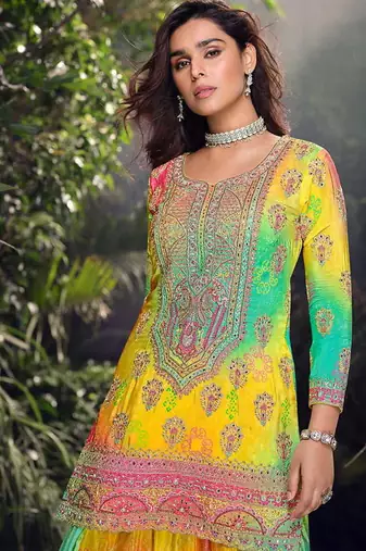 Yellow embroidered chinon silk haldi wear readymade palazzo suit