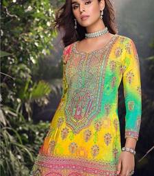 Yellow embroidered chinon silk haldi wear readymade palazzo suit