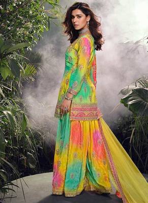 Yellow embroidered chinon silk haldi wear readymade palazzo suit 3