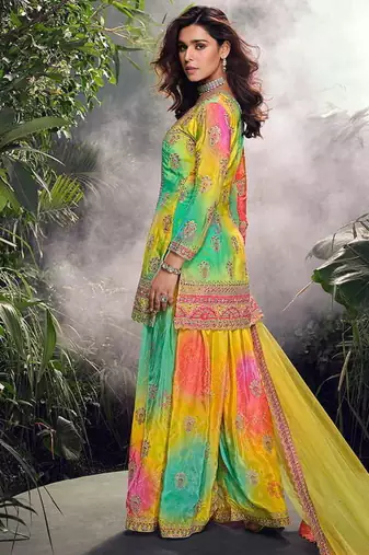Yellow embroidered chinon silk haldi wear readymade palazzo suit