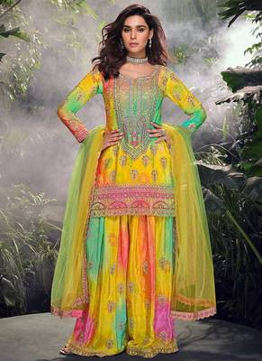 Yellow embroidered chinon silk haldi wear readymade palazzo suit 1