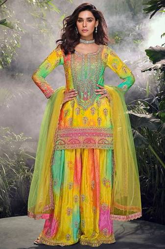 Yellow embroidered chinon silk haldi wear readymade palazzo suit