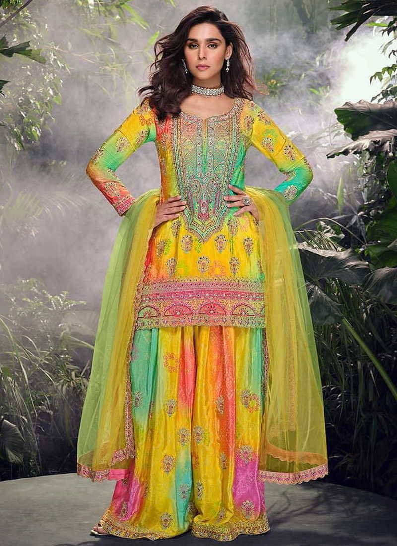 Yellow embroidered chinon silk haldi wear readymade palazzo suit