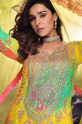 Yellow embroidered chinon silk haldi wear readymade palazzo suit