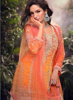 Orange embroidered chinon silk ceremony wear readymade palazzo suit 2