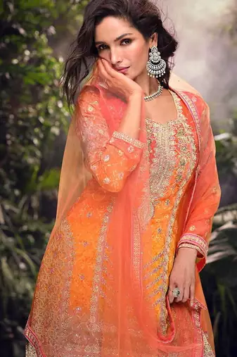 Orange embroidered chinon silk ceremony wear readymade palazzo suit