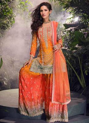 Orange embroidered chinon silk ceremony wear readymade palazzo suit 1