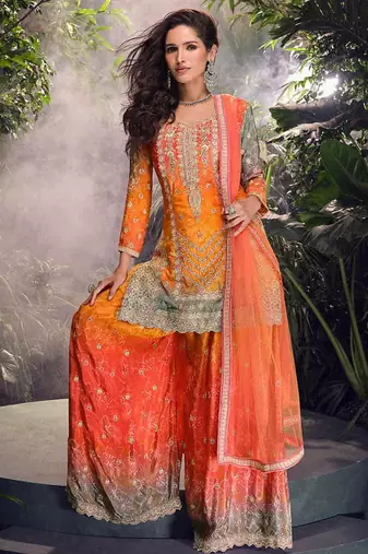Orange embroidered chinon silk ceremony wear readymade palazzo suit