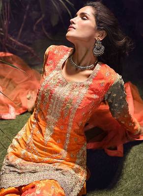 Orange embroidered chinon silk ceremony wear readymade palazzo suit 3