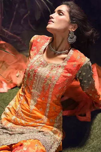 Orange embroidered chinon silk ceremony wear readymade palazzo suit