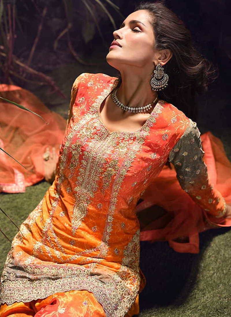 Orange embroidered chinon silk ceremony wear readymade palazzo suit