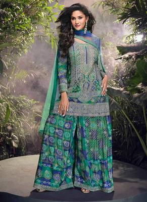 Teal green embroidered chinon silk ceremony wear readymade palazzo suit 1