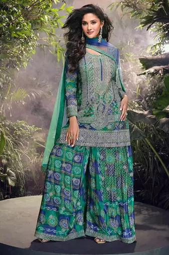 Teal green embroidered chinon silk ceremony wear readymade palazzo suit