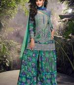 Teal green embroidered chinon silk ceremony wear readymade palazzo suit