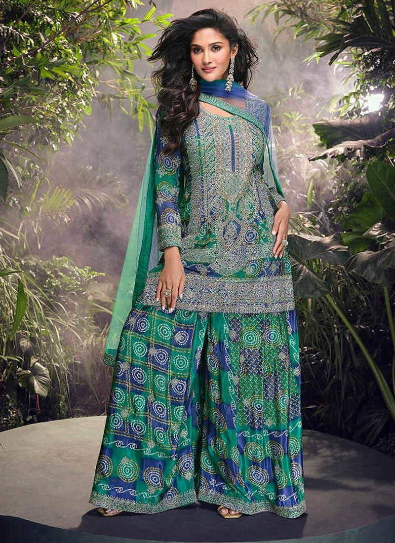 Teal green embroidered chinon silk ceremony wear readymade palazzo suit