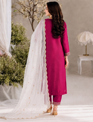 Women deep wine embroidered straight kurta with pant & dupatta set 3