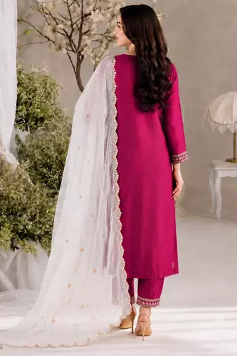 Women deep wine embroidered straight kurta with pant & dupatta set