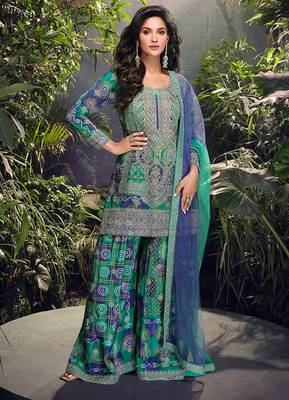 Teal green embroidered chinon silk ceremony wear readymade palazzo suit 2