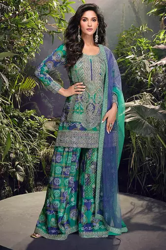 Teal green embroidered chinon silk ceremony wear readymade palazzo suit