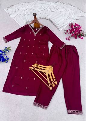 Women deep wine embroidered straight kurta with pant & dupatta set 4
