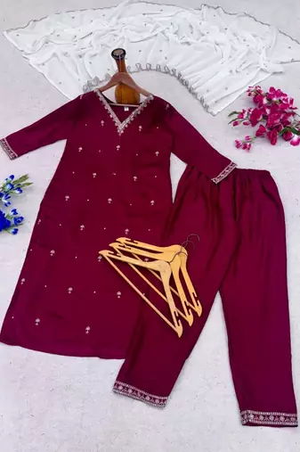 Women deep wine embroidered straight kurta with pant & dupatta set