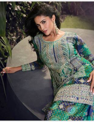 Teal green embroidered chinon silk ceremony wear readymade palazzo suit 3