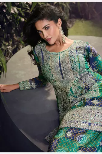Teal green embroidered chinon silk ceremony wear readymade palazzo suit