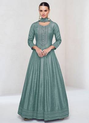 Aqua blue vichitra silk readymade anarkali suit with embroidered work for festival 1