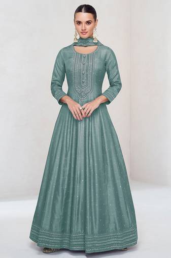 Aqua blue vichitra silk readymade anarkali suit with embroidered work for festival