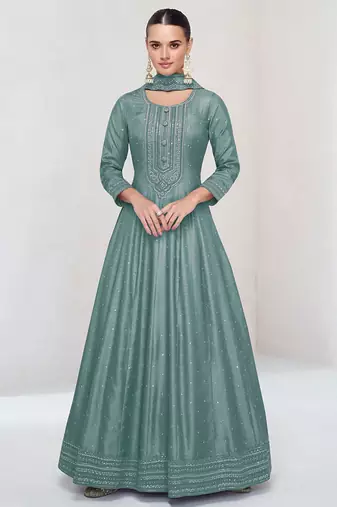 Aqua blue vichitra silk readymade anarkali suit with embroidered work for festival